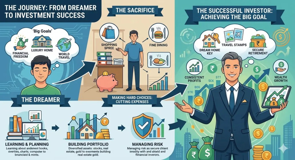 An infographic showing the evolution of an investor from a young dreamer making sacrifices and cutting expenses to a professional successful investor achieving financial freedom, luxury home, and secure retirement through learning, portfolio building, and risk management.
