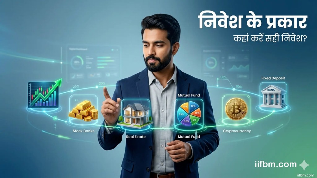 A professional Hindi infographic showing a modern Indian investor in a blue blazer thoughtfully analyzing six floating investment options around him: a stock market chart, gold bars, a real estate house model, a mutual fund pie chart, a cryptocurrency symbol, and a fixed deposit bank building. The background is a glowing blue-and-green financial network with a clean modern gradient. The Hindi text in the top-right reads: "Nivesh ke Prakar" (Types of Investment) and "Kahan karein Sahi Nivesh?" (Where to make the right investment?). A small "iifbm.com" branding is at the bottom.