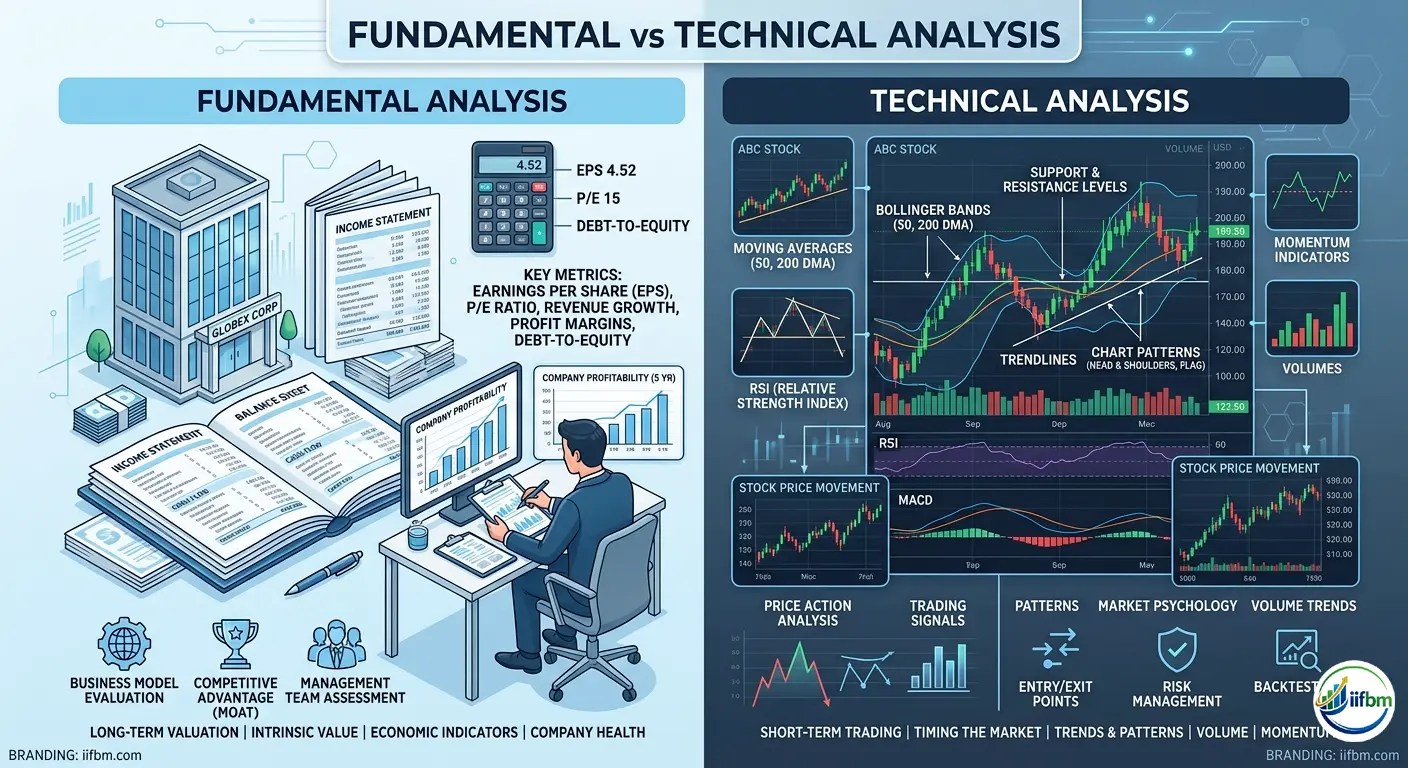 A detailed comparison infographic by IIFBM.com, split between Fundamental Analysis (financial statements, EPS, valuation) and Technical Analysis (stock charts, RSI, MACD indicators, entry/exit points).