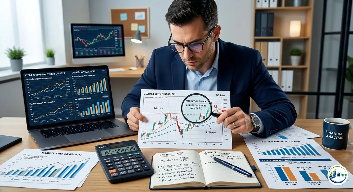 Professional financial analyst examining a stock market chart with a magnifying glass, surrounded by a laptop, calculator, and reports showing P/E ratio, value investing trends, and growth comparison graphs.