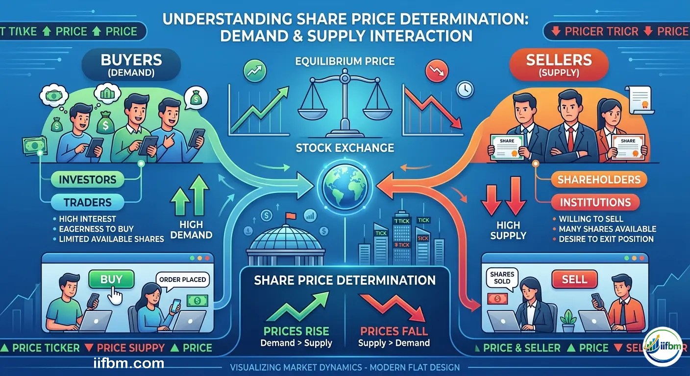 An educational infographic showing the interaction between buyers and sellers in a stock exchange. The left side represents demand with buyers on mobile devices, while the right side represents supply with sellers. Central arrows and a balance scale show how these forces determine the equilibrium share price.