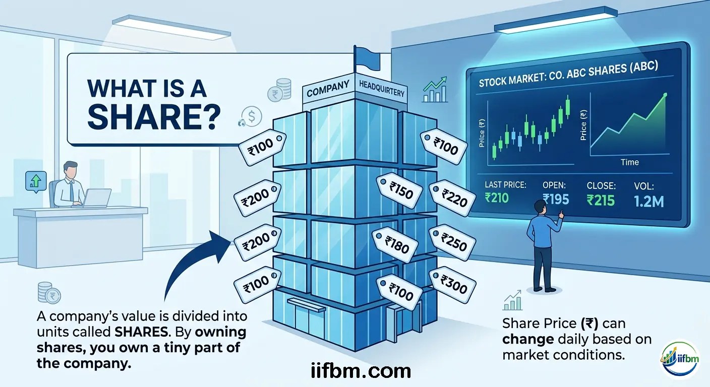 Educational illustration showing a company building divided into small share units with Rupee price tags and a stock market chart in the background.