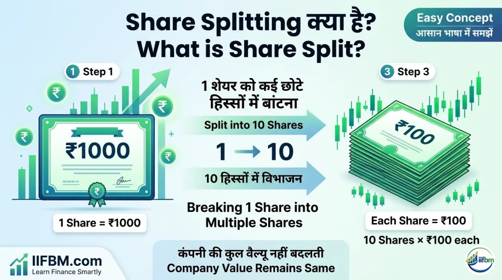 Bilingual infographic by IIFBM explaining share splitting showing one ₹1000 share certificate dividing into ten ₹100 shares with green stock market growth charts.